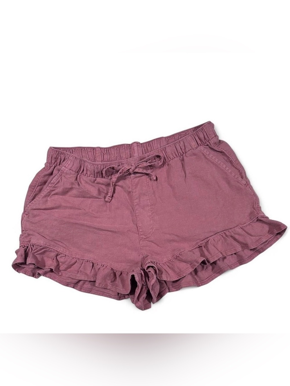 High-Waist Ruffle Hem Drawstring Shorts - Mauve linen blend ruffle